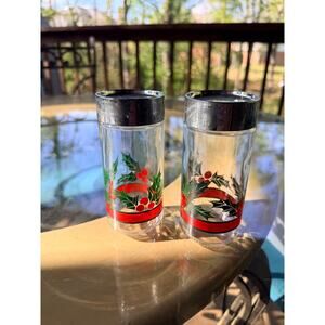 Vintage Christmas Holly & Berry Glass Salt & Pepper Shakers with Red Ribbon